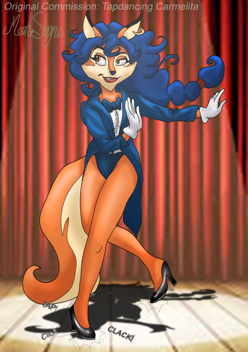 5_fingers absurd_res anthro bare_legs beauty_mark bent_leg black_clothing black_footwear black_heels black_shoes black_tie_(suit) blue_bow_tie blue_clothing blue_coat blue_hair blue_neckwear blue_panties blue_suit blue_topwear blue_underwear bow_tie canid canine carmelita_fox cheek_tuft clothing coat dance_shoes dancewear dancing dress_shirt eyebrows eyelashes eyeliner facial_markings facial_tuft female fingers footwear fox fur gloves gold_ear_piercing grin hair handwear head_markings hi_res high_heels impact_emanata lips lipstick looking_away makeup mammal markings moon-shyne muzzle_(marking) narrowed_eyes on_stage orange_body orange_eyelids orange_eyes orange_face orange_fur orange_tail panties raised_eyebrow red_curtains red_hair_tie red_lips red_lipstick shirt shoes signature sly_cooper_(series) smile snout snout_markings solo sony_corporation sony_interactive_entertainment spotlight stage stage_curtains sucker_punch_productions suit tail tailcoat tan_face tan_markings tan_muzzle tan_tail tap_dancing tapping tapping_foot topwear tuft two_tone_face two_tone_tail underwear white_clothing white_dress_shirt white_gloves white_handwear wood_floor