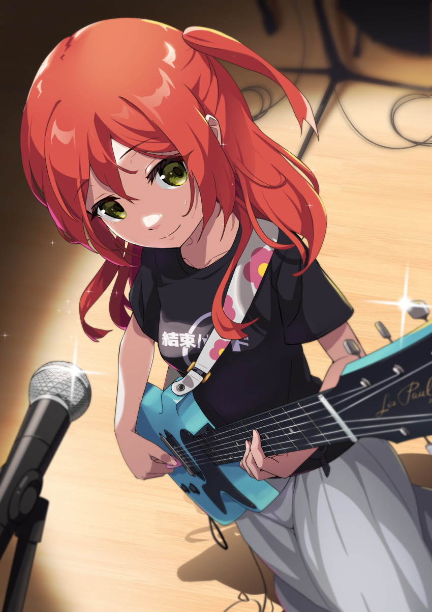 1girl absurdres bangs black_shirt bocchi_the_rock! breasts closed_mouth commentary_request eyelashes floral_print from_above glint green_eyes guitar hair_between_eyes highres holding holding_instrument instrument kita_ikuyo long_hair looking_to_the_side medium_breasts microphone miu_(angelo_whitechoc) music playing_instrument red_hair shirt sidelocks skirt smile solo sparkle spotlight stage standing sweat two_side_up white_skirt