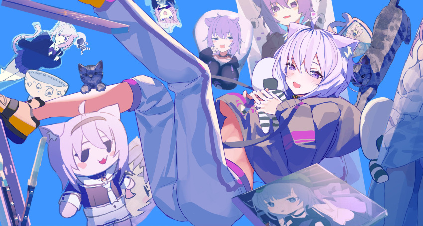 1girl :3 acrylic_stand ahoge animal_ear_fluff bangs black_hairband black_hoodie blue_background blush body_pillow bowl breast_mousepad breasts cat cat_girl cd_case cropped_hoodie crossed_bangs dakimakura_(object) diagonal_bangs fang grey_cat hair_between_eyes hairband highres hololive hood hoodie long_sleeves looking_at_viewer medium_breasts merchandise midriff mousepad_(object) nekomata_okayu onigiri_print onigirya_(nekomata_okayu) open_mouth pillow purple_eyes purple_hair short_hair simple_background solo stomach stuffed_animal stuffed_toy susukawa_(susucawa) underboob virtual_youtuber