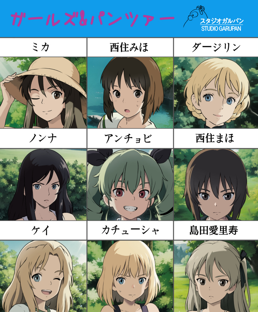 6+girls alternate_headwear anchovy_(girls_und_panzer) armorganger bangs black_hair black_ribbon blonde_hair blue_eyes bob_cut boko_(girls_und_panzer) braid brown_eyes brown_hair brown_headwear character_name chart closed_mouth commentary darjeeling_(girls_und_panzer) day drill_hair english_text frown girls_und_panzer green_hair grin hair_ribbon hand_on_headwear hat highres katyusha_(girls_und_panzer) kay_(girls_und_panzer) light_brown_hair logo_parody long_hair looking_at_viewer medium_hair mika_(girls_und_panzer) multiple_girls nishizumi_maho nishizumi_miho nonna_(girls_und_panzer) odd_one_out one_side_up open_mouth outdoors parody parted_bangs red_eyes ribbon shimada_arisu short_hair smile straw_hat studio_ghibli style_parody sweatdrop swept_bangs translated twin_braids twin_drills twintails