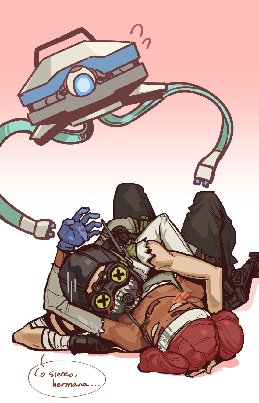 1boy 1girl absurdres annoyed apex_legends bandaged_arm bandages black_headwear black_pants blue_gloves breasts cable d.o.c._health_drone dark-skinned_female dark_skin detached_sleeves double_bun gloves goggles gradient_background grey_eyes grey_shorts grey_tank_top hair_bun hand_on_another's_head hetero highres hug jui_(dirtybigrat) lifeline_(apex_legends) lying_on_person mechanical_legs non-humanoid_robot octane_(apex_legends) open_hand pants red_hair robot shorts small_breasts solid_eyes spanish_text speech_bubble tank_top translated x_x