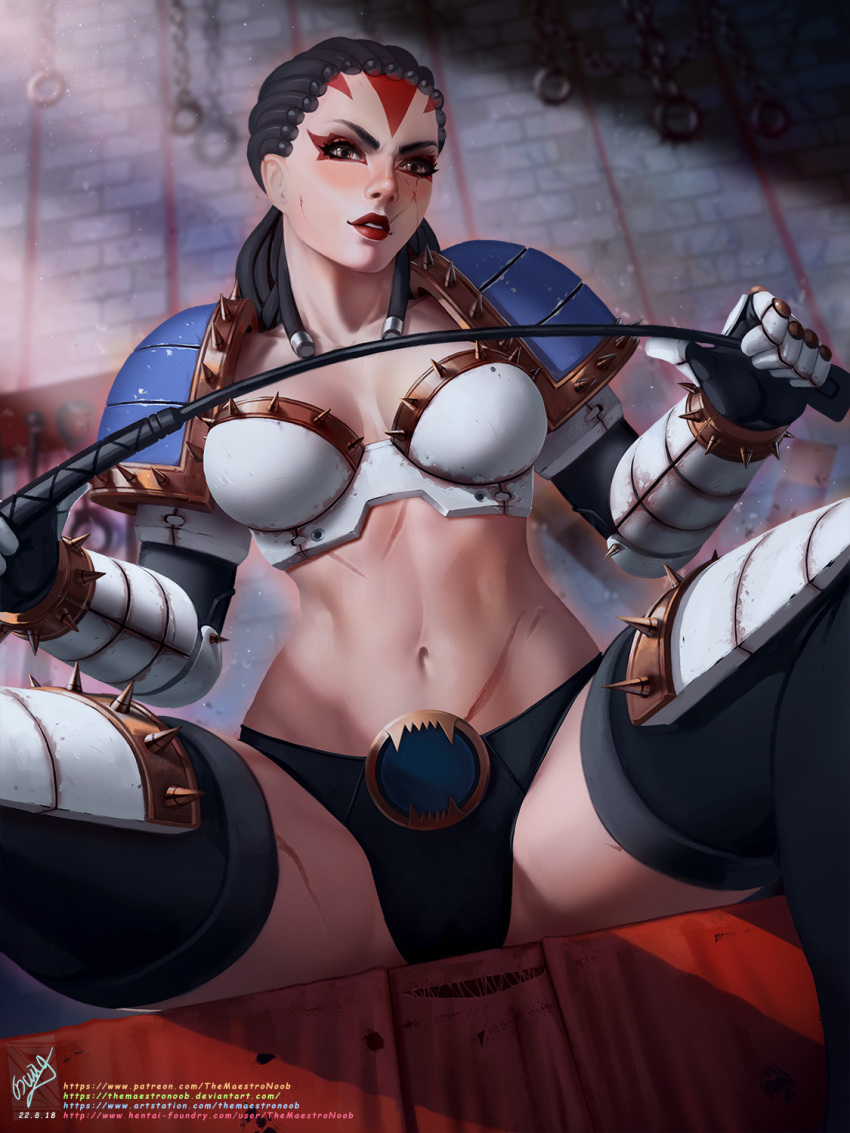 1girl adeptus_astartes armor armored_boots artist_name bikini_armor black_hair boots breasts brown_eyes cleavage facepaint gauntlets highres holding long_hair long_sleeves looking_at_viewer navel parted_lips pauldrons power_armor scar scar_across_eye scar_on_face scar_on_stomach shoulder_armor shoulder_spikes sitting solo space_marine spiked_gauntlets spikes spread_legs stomach themaestronoob thigh_boots warhammer_40k web_address world_eaters