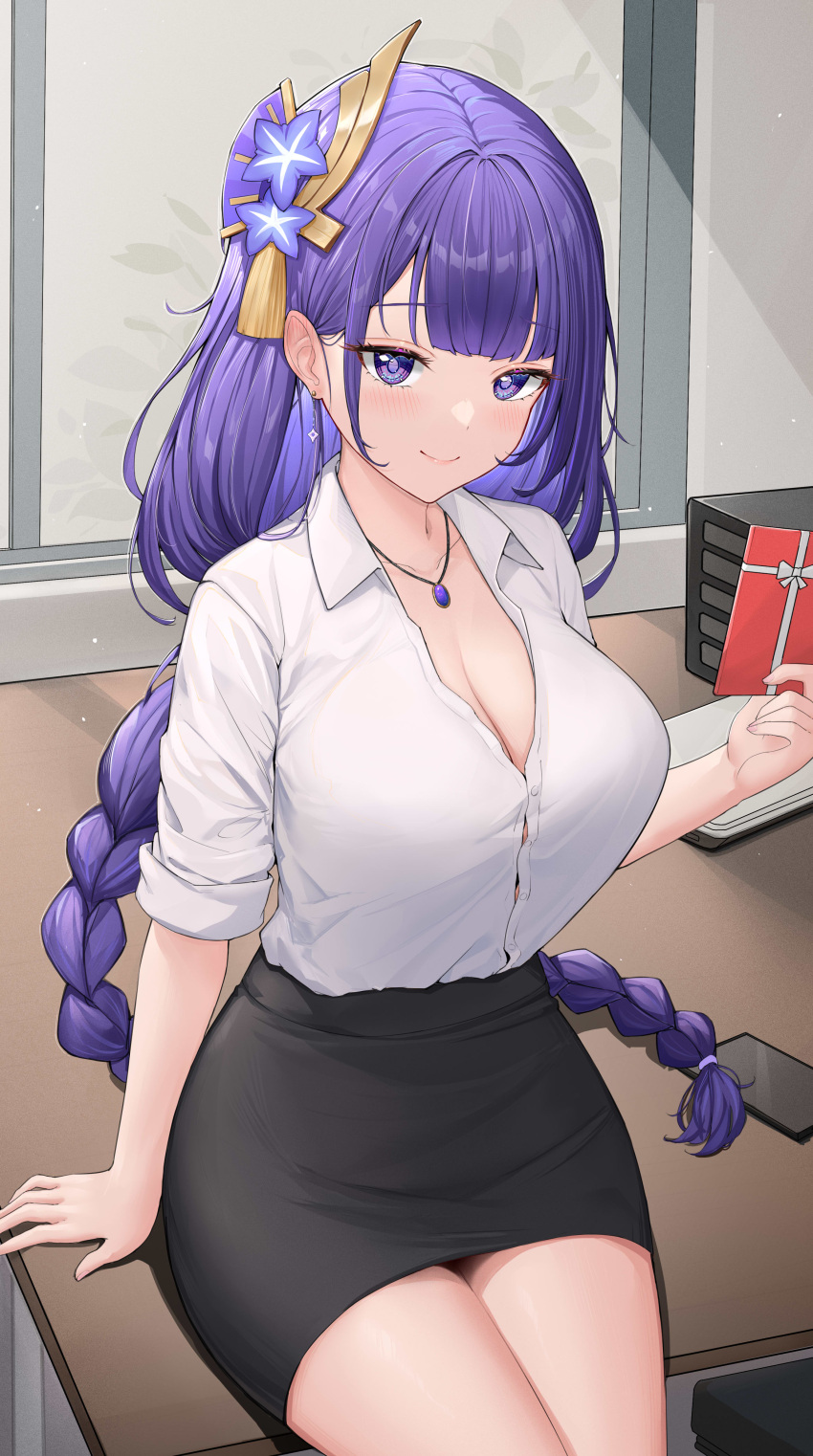 1girl absurdres bangs blush braid braided_ponytail breasts cleavage collared_shirt earrings flower genshin_impact hair_ornament highres holding jewelry large_breasts long_hair long_sleeves looking_at_viewer necklace office_lady pencil_skirt phone purple_eyes purple_hair raiden_shogun shirt sitting skirt sleeves_rolled_up smile solo thighs uka_(315302627) white_shirt
