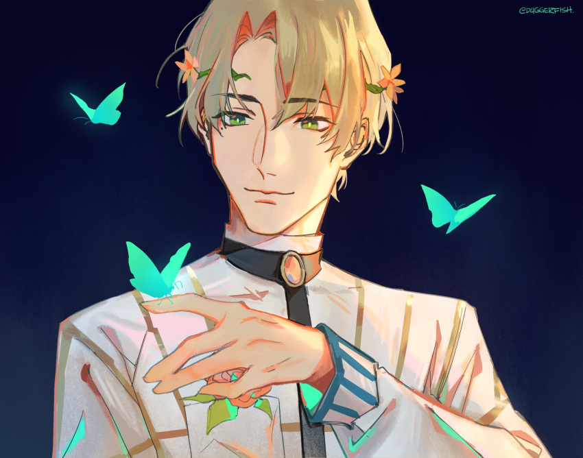 1boy alfred_(fire_emblem) bangs blonde_hair bug butterfly butterfly_on_hand closed_mouth d4ggerfish fire_emblem fire_emblem_engage flower glowing_butterfly green_eyes hair_flower hair_ornament head_wreath highres long_sleeves shirt short_hair simple_background solo white_shirt