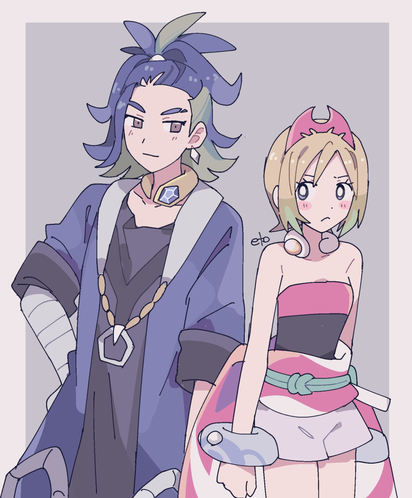 1boy 1girl adaman_(pokemon) arm_wrap arms_at_sides bangs blonde_hair blue_coat blue_eyes blue_hair blush bracelet breasts cleavage clenched_hand closed_mouth coat collar collarbone green_hair hairband hand_on_hip highres irida_(pokemon) jewelry looking_at_another multicolored_hair open_clothes open_coat pokemon pokemon_(game) pokemon_legends:_arceus remoooon sash shirt short_hair shorts strapless strapless_shirt waist_cape