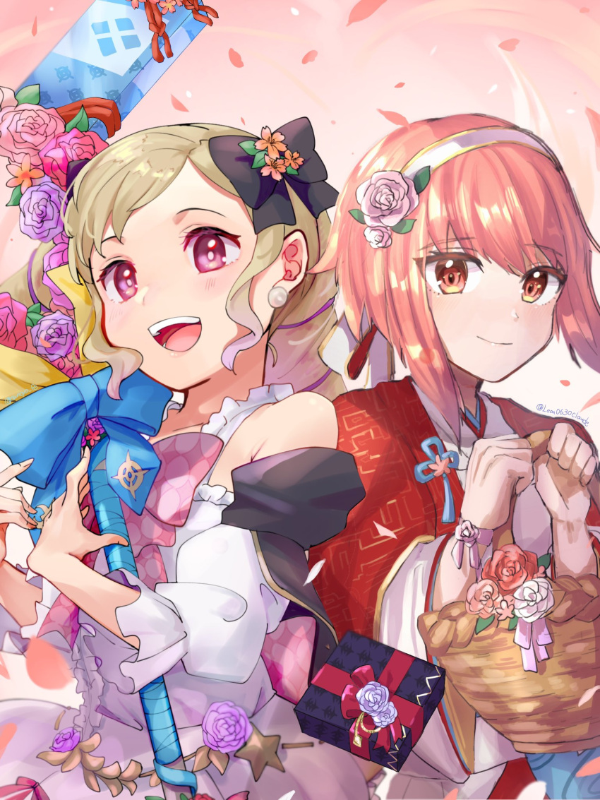 2girls bangs bare_shoulders basket black_bow blonde_hair bow box collaboration dress earrings elise_(fire_emblem) elise_(valentine)_(fire_emblem) fire_emblem fire_emblem_fates fire_emblem_heroes flower gift gift_box hair_bow hair_flower hair_ornament hairband highres holding holding_basket holding_staff japanese_clothes jewelry kimono leon0630claude looking_at_viewer multicolored_hair multiple_girls official_alternate_costume open_mouth pink_eyes pink_hair purple_hair sakura_(fire_emblem) sakura_(valentine)_(fire_emblem) sakura_no_yoru smile staff teeth twitter_username two-tone_hair upper_body upper_teeth_only white_dress white_hairband white_kimono