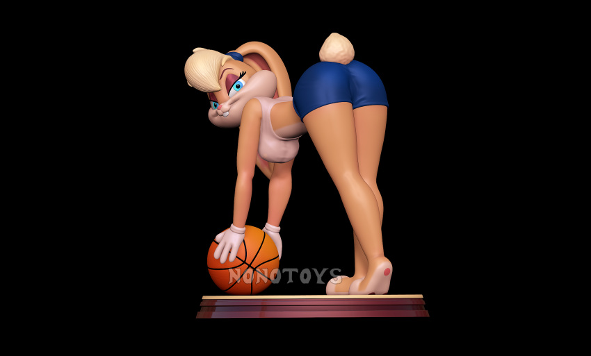 3d_(artwork) anthro ball basketball_(ball) bent_over blonde_hair bottomwear clothed clothing digital_media_(artwork) female gloves hair handwear hi_res lagomorph leporid lola_bunny looking_at_viewer looking_back looney_tunes mammal nonotoys pinup pose rabbit raised_tail shorts solo tail warner_brothers