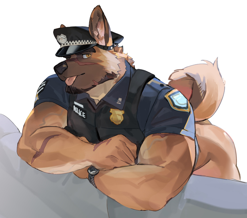 2023 anthro beard bent_over bottomless brown_body brown_fur butt canid canine canis clock clothed clothing crossed_arms domestic_dog english_text facial_hair facial_scar fur german_shepherd herding_dog hi_res looking_at_viewer male mammal muscular muscular_male pastoral_dog police police_hat police_officer scar seatohao solo tail text tongue tongue_out uniform watch wristwatch