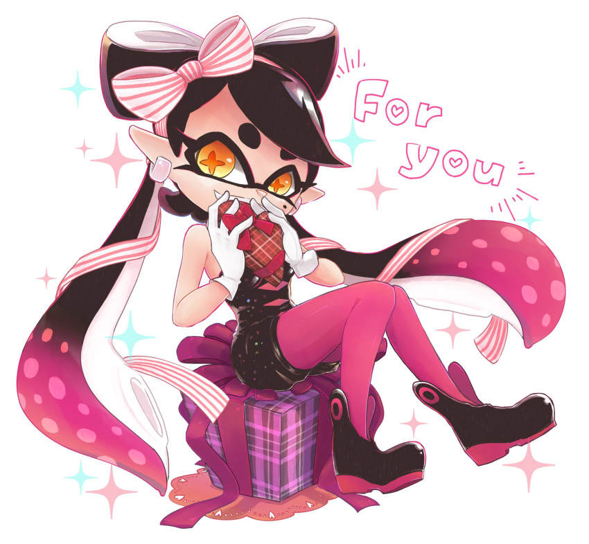 +_+ 1girl alternate_hair_ornament ankle_boots bangs black_footwear black_hair black_jumpsuit boots bow box callie_(splatoon) commentary cross-shaped_pupils doily earrings english_commentary english_text gift gloves hair_bow heart-shaped_box highres holding holding_gift jewelry jumpsuit long_hair looking_at_viewer mixed-language_commentary mole mole_under_eye okome_2g2g open_mouth panties pink_bow pink_hair pink_panties pointy_ears short_jumpsuit sitting smile solo splatoon_(series) splatoon_1 swept_bangs symbol-shaped_pupils tentacle_hair underwear valentine very_long_hair white_background white_gloves yellow_eyes