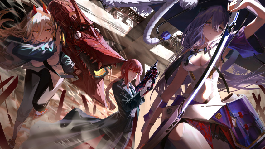3girls :d absurdres braid breasts chainsaw_man cleavage goddess_of_victory:_nikke gun hair_between_eyes hat highres holding holding_gun holding_sword holding_weapon horns kanashi_kumo katana looking_at_viewer makima_(chainsaw_man) multiple_girls necktie open_mouth orange_eyes power_(chainsaw_man) purple_eyes purple_hair red_hair rocket_launcher scarlet_(nikke) smile sword teeth weapon yellow_eyes