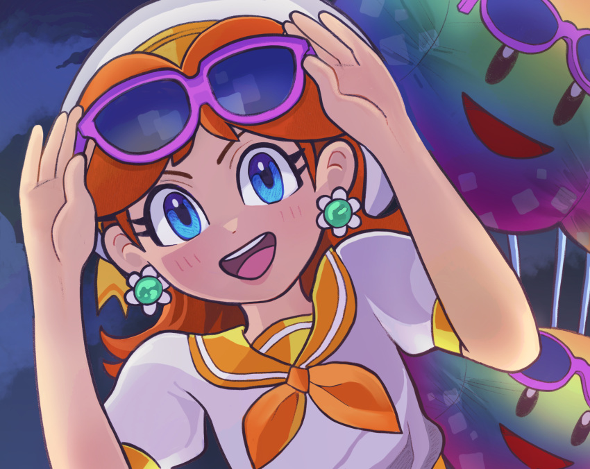 1girl bernie_(hamu-ko) blue_eyes blush brown_hair daisy_(sailor) earrings eyewear_on_head highres jewelry looking_at_viewer mario_(series) mario_kart mario_kart_tour medium_hair open_mouth orange_sailor_collar princess_daisy sailor_collar shirt sunglasses teeth upper_teeth_only white_shirt