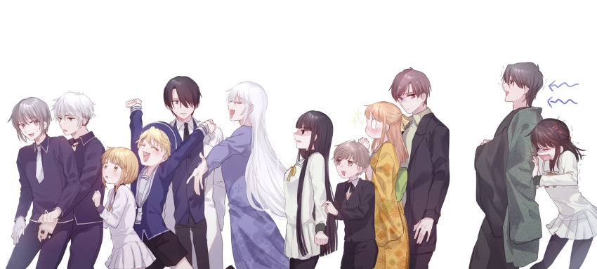 3girls 6+boys baby_(demotsu) bangs black_hair black_jacket black_kimono black_necktie black_pants black_pantyhose black_shorts blonde_hair blue_pants blue_shirt blue_vest bow brown_hair chinese_zodiac coat collared_shirt doctor dress everyone fruits_basket furisode green_bow group_picture haori highres jacket japanese_clothes kimono lineup long_hair looking_at_another multiple_boys multiple_girls neckerchief necktie orange_kimono pants pantyhose pleated_dress pleated_skirt print_kimono purple_dress ribbon sailor_collar sailor_dress school_uniform shirt short_hair shorts sidelocks skirt souma_ayame souma_hatori souma_hatsuharu souma_hiro souma_isuzu souma_kagura souma_kisa souma_kureno souma_momiji souma_ritsu souma_shigure souma_yuki standing upper_body vest walking white_background white_coat white_dress white_hair white_neckerchief white_necktie white_sailor_collar white_shirt wide_shot yellow_ribbon