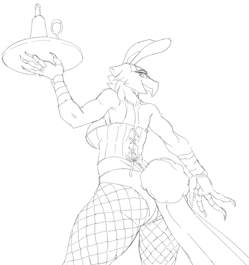 accipitrid accipitriform anthro avian beverage bird bunny_costume claws clothing container costume cup eagle female fishnet fishnet_legwear hi_res lakeslug legwear lingerie looking_at_viewer looking_back monochrome panties sketch solo underwear waiter