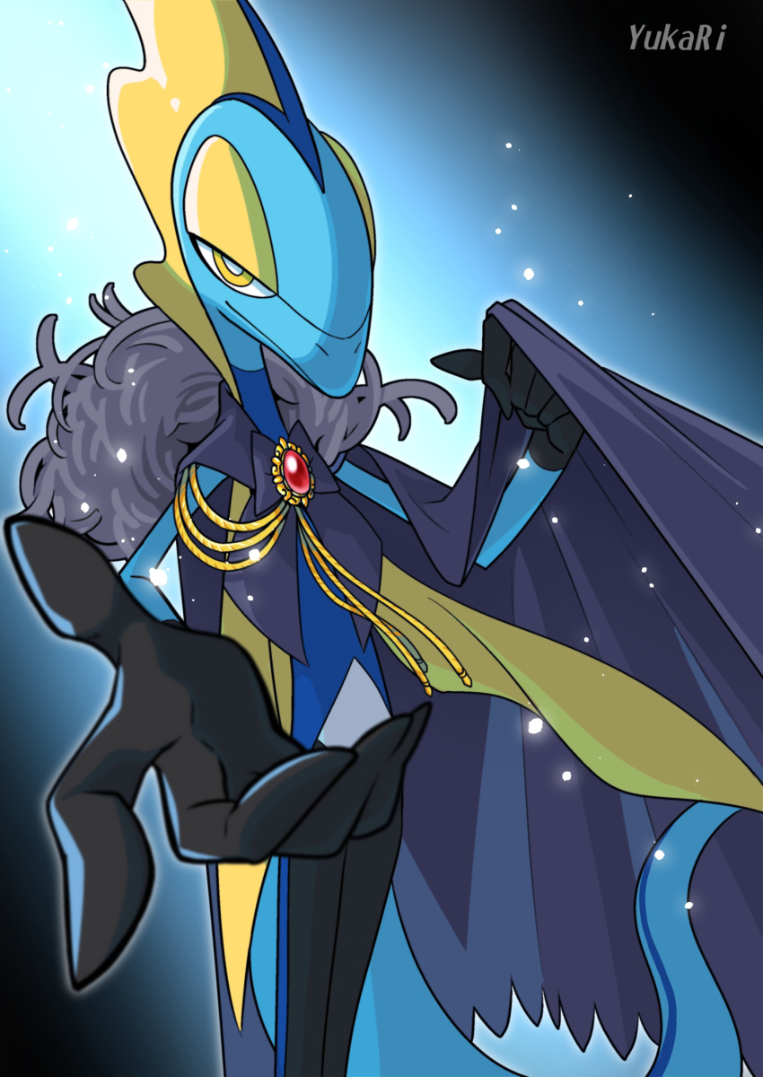 2022 5_fingers anthro black_fingers black_hands blue_arms blue_body blue_head cape clothed clothing fingers generation_8_pokemon hi_res inteleon iris jewelry looking_at_viewer multicolored_head narrowed_eyes nintendo pokemon pokemon_(species) pupils solo white_pupils yellow_body yellow_eyelids yellow_eyes yukari_(artist)