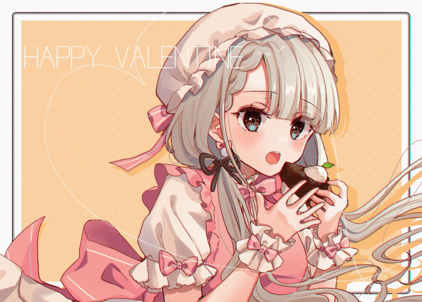 1girl apron back_bow bangs black_ribbon blue_eyes bow braid braided_bangs commentary english_text food frilled_apron frilled_cuffs frilled_sleeves frills grey_hair hair_over_shoulder hair_ribbon happy_valentine hat highres hisakawa_nagi holding holding_food idolmaster idolmaster_cinderella_girls long_hair looking_at_viewer low_twintails mob_cap orange_background pie pink_apron pink_bow ribbon rino_cnc short_sleeves solo standing twintails valentine white_headwear