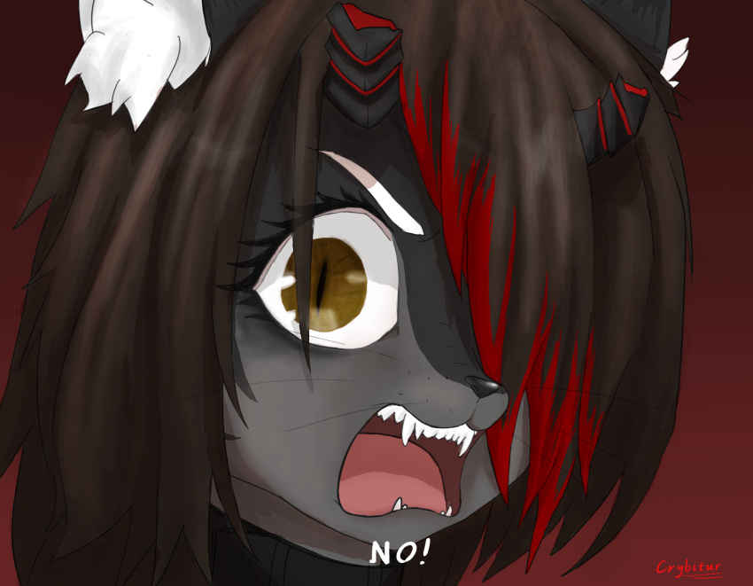 anthro black_hair black_horn broken_horn brown_eyes canid canine canis collar crybitur english_text felid female fur grey_body grey_fur hair hi_res horn hybrid looking_at_viewer mammal open_mouth red_hair red_horn simple_background solo suwyzid teeth text tokai_teio_(pretty_derby) tongue uma_musume_pretty_derby white_body white_fur wolf