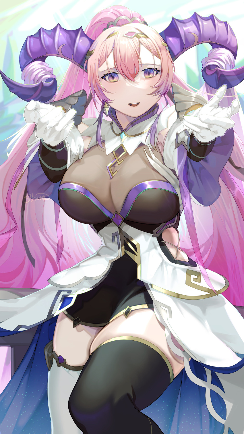 1girl absurdres asymmetrical_legwear bangs black_dress black_thighhighs bodystocking breasts commentary_request curled_horns dress earrings fire_emblem fire_emblem_heroes gloves goat_horns gold_trim hair_between_eyes highres horns ikura_(downdexp) jewelry large_breasts large_horns long_hair looking_at_viewer mismatched_legwear nerthuz_(fire_emblem) no_nose open_mouth outstretched_arms pink_hair ponytail purple_eyes purple_horns reaching_towards_viewer signature single_earring smile solo thighhighs two-tone_dress very_long_hair white_dress white_gloves white_thighhighs zettai_ryouiki