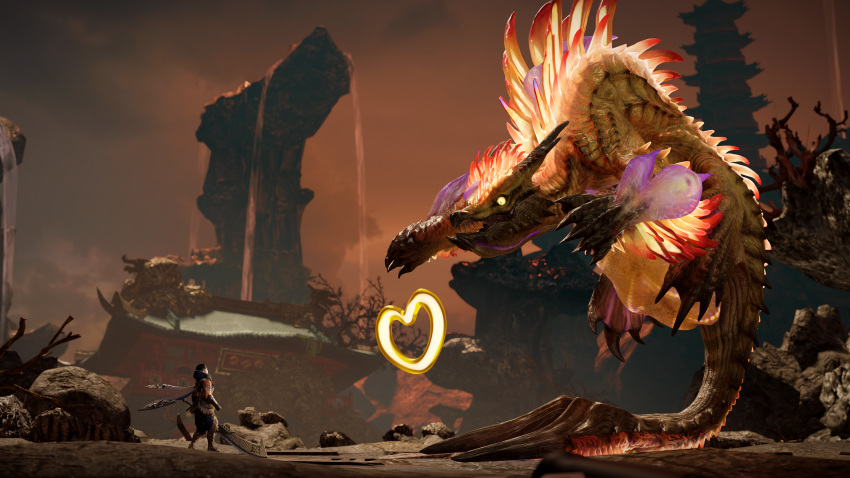&lt;3 16:9 3d_(artwork) 4k absurd_res anthozoan armor building building_destruction capcom claws clothed clothing cloud cnidarian coral detailed_background digital_media_(artwork) duo electricity electricity_manipulation elemental_manipulation eye_contact female feral great_sword_(monster_hunter) hi_res holding_object holding_sword holding_weapon horn human ivorylagiacrus larger_female larger_feral looking_at_another love male male/female mammal marine melee_weapon monster_hunter narwa_(elder_dragon) open_mouth outside pupils scales scalie size_difference sky slit_pupils smaller_human smaller_male storm sword teeth water waterfall weapon widescreen yellow_body yellow_eyes yellow_sclera