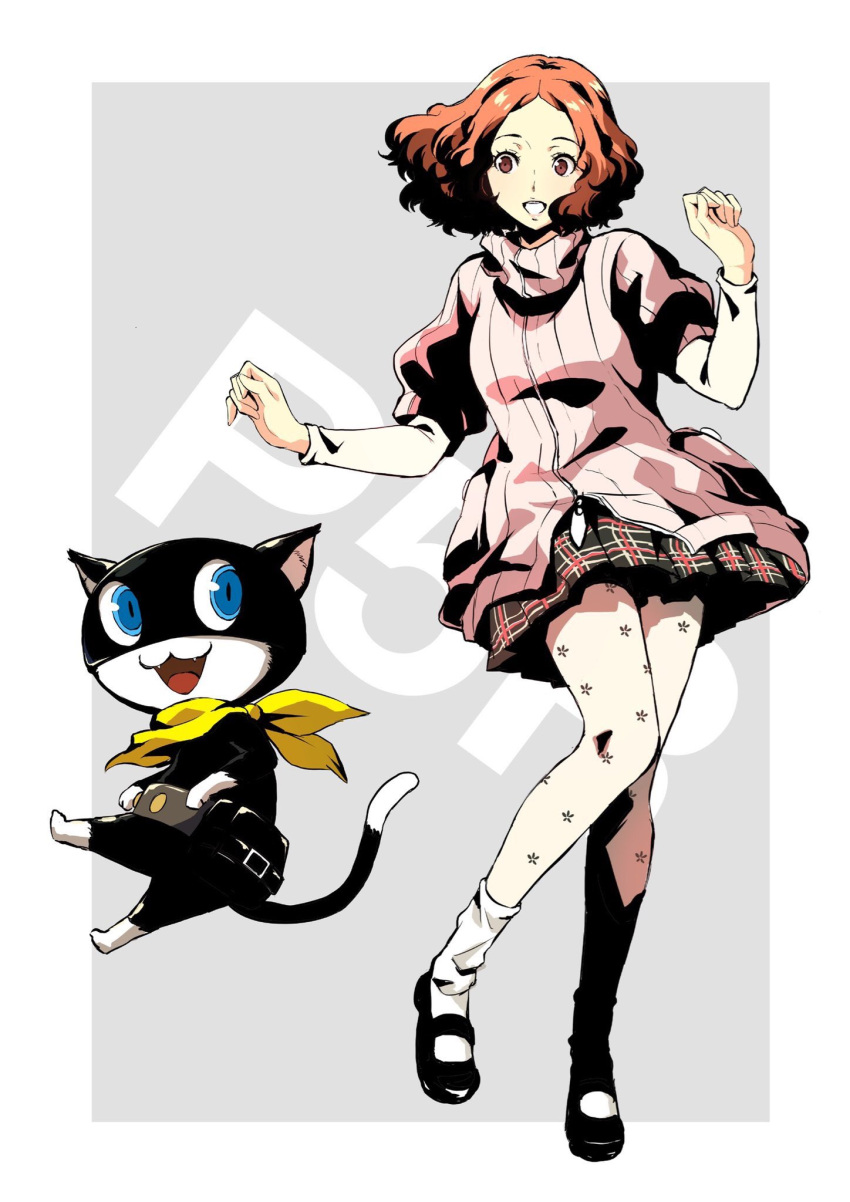 1girl 1other :d blue_eyes brown_eyes brown_hair cat fangs full_body highres ito_(daisukidanchi) jacket medium_hair morgana_(persona_5) okumura_haru pantyhose persona persona_5 pleated_skirt skirt smile socks sweater_jacket turtleneck turtleneck_jacket white_socks