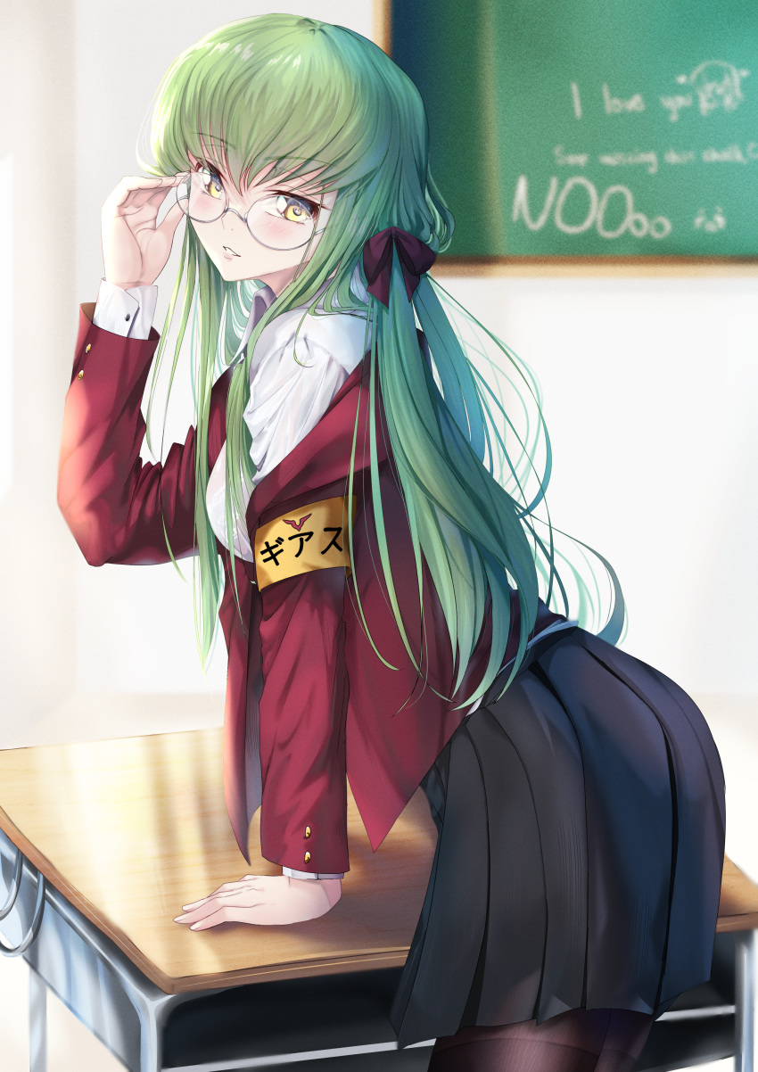 1girl absurdres adjusting_eyewear alternate_costume arm_rest ass azur_lane bangs bespectacled black_bow black_pantyhose black_skirt blazer bow breasts budgiepon buttons c.c. chalkboard code_geass copyright_name cosplay cowboy_shot desk english_text from_side glasses green_hair grey-framed_eyewear hair_bow highres indoors jacket jacket_partially_removed leaning long_hair long_sleeves looking_at_viewer open_clothes open_jacket pantyhose parted_lips pleated_skirt red_jacket round_eyewear school_desk semi-rimless_eyewear shirt skirt solo straight_hair taihou_(azur_lane) taihou_(azur_lane)_(cosplay) taihou_(sweet_time_after_school)_(azur_lane) under-rim_eyewear white_shirt yellow_armband yellow_eyes