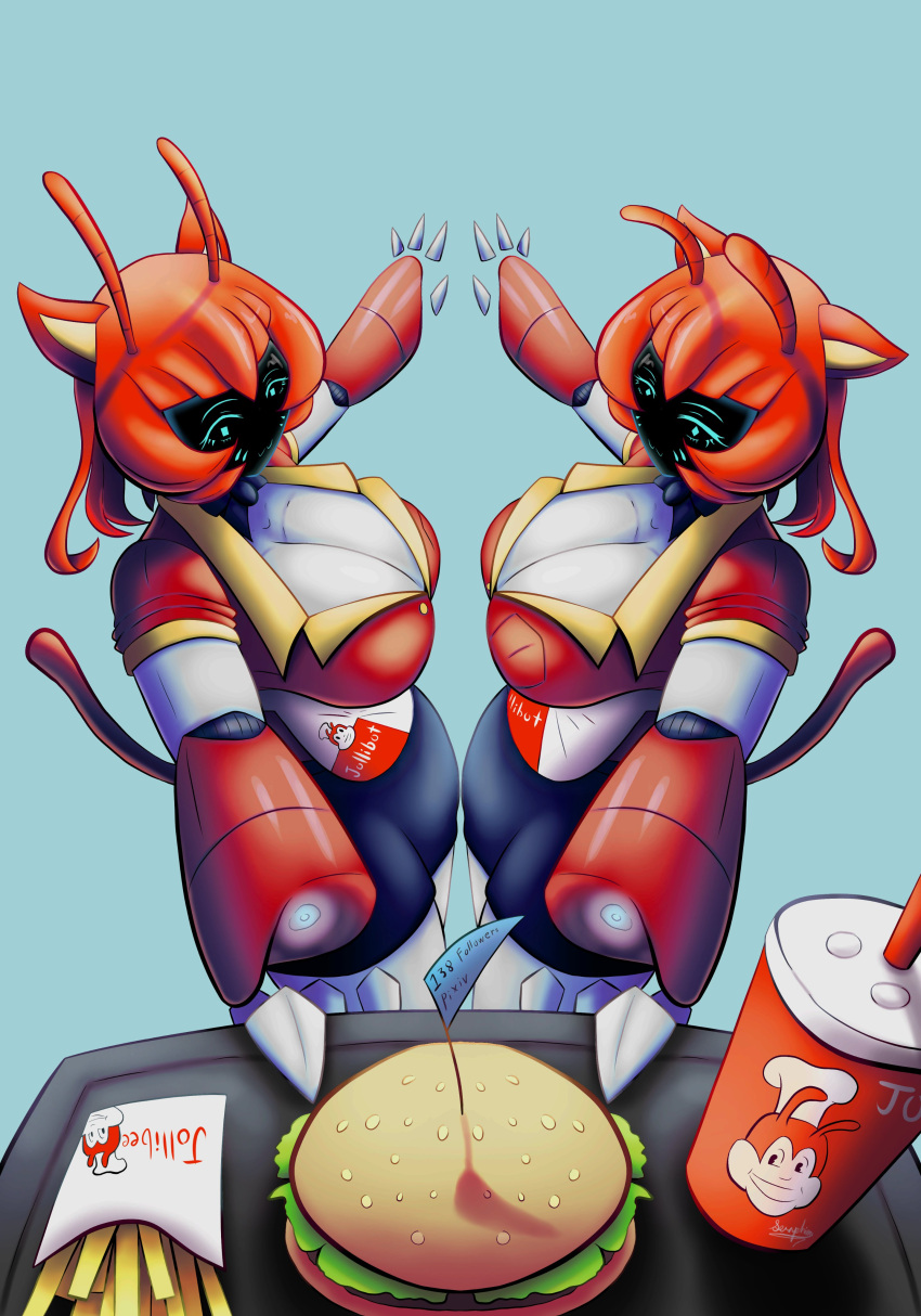 2022 4_fingers :3 absurd_res android animal_humanoid antennae_(anatomy) arthropod arthropod_humanoid bangs bee bee_humanoid bellabot beverage blue_background blue_eyes blunt_bangs bottomwear breasts burger cat_humanoid cleavage clothed clothing crop_top domestic_cat dress_shirt duo fast_food felid felid_humanoid feline feline_humanoid felis female fingers flag floating_fingers food food_tray foreshortening fries hair hi_res high-angle_view holding_object humanoid hybrid hymenopteran hymenopteran_humanoid insect insect_humanoid joints jollibee jollibot kahoyisda looking_at_viewer machine mammal mammal_humanoid milestone_celebration multicolored_body necktie portrait pudu_robotics red_body red_clothing red_hair robot screen screen_face shaded shirt short_hair shorts sibling side_bangs simple_background soda tail three-quarter_portrait topwear tray twins two_tone_body white_body