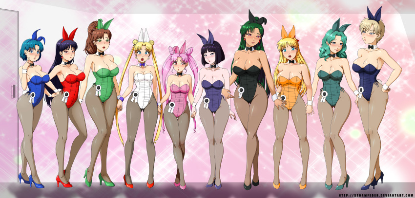 :o absurdres aged_up aino_minako angry animal_ears aqua_eyes aqua_footwear aqua_hair aqua_leotard armpits ass_visible_through_thighs award_ribbon bangs bishoujo_senshi_sailor_moon black_bow black_bowtie black_footwear black_hair black_leotard blonde_hair blue_eyes blue_footwear blue_hair blue_leotard blunt_bangs blunt_ends blush bow bowtie breasts brown_hair chibi_usa cleavage commission commissioner_upload cone_hair_bun crescent crescent_earrings dark_skin detached_collar diamond_earrings double_bun earrings fake_animal_ears flower_earrings green_eyes green_footwear green_hair green_leotard hair_bobbles hair_bow hair_bun hair_ornament hairband high_heels highres hino_rei holding_hands jewelry kaiou_michiru kino_makoto large_breasts leotard lips long_hair makeup medium_breasts medium_hair meiou_setsuna mizuno_ami orange_footwear orange_leotard pale_skin pantyhose parted_bangs pink_footwear pink_hair pink_leotard playboy_bunny ponytail purple_bow purple_bowtie purple_eyes purple_footwear purple_hair purple_leotard rabbit_ears red_bow red_eyes red_footwear red_leotard shame short_hair short_twintails sidelocks star_(symbol) star_earrings stormfeder strapless strapless_leotard stud_earrings swept_bangs ten'ou_haruka thighs tomoe_hotaru tsukino_usagi twintails very_long_hair very_short_hair wavy_hair white_footwear white_leotard wrist_cuffs