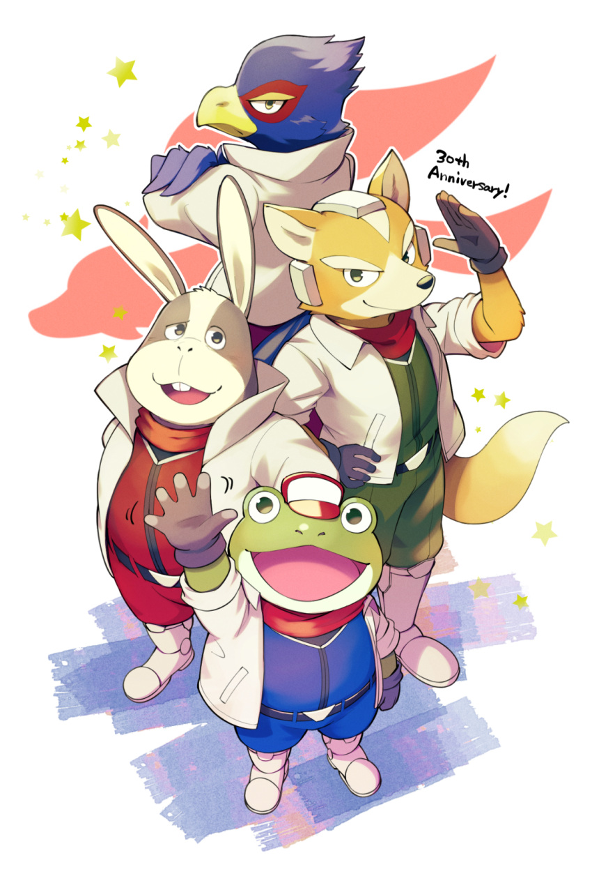 amphibian anthro avian bird canid canine clothing falco_lombardi female fox fox_mccloud frog fur group hi_res humanoid_hands kinoshita-jiroh lagomorph leporid looking_at_viewer male mammal nintendo open_mouth peppy_hare rabbit simple_background slippy_toad star_fox