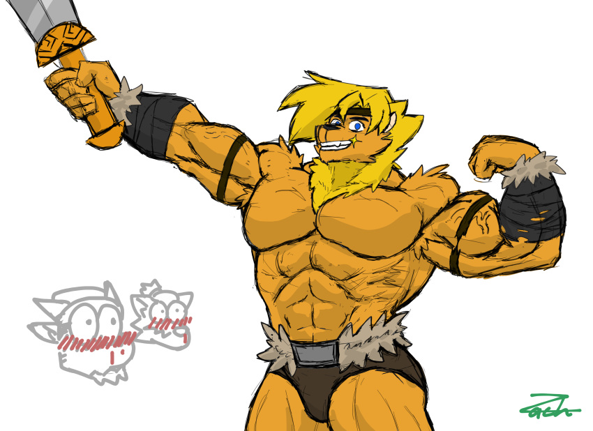 abs absurd_res anthro armband athletic belt biceps bottomwear briefs bulge clothed clothing digital_media_(artwork) felid fur hair hi_res lion looking_at_viewer m.mcallister88 male mammal mane matt_valkyrie melee_weapon muscular muscular_anthro muscular_male pantherine pecs simple_background smile solo standing sword teeth topless underwear weapon zachsroom