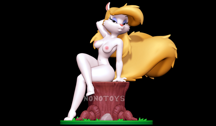 3d_(artwork) animaniacs anthro blonde_hair crossed_legs digital_media_(artwork) female grass hair hi_res log looking_at_viewer mammal minerva_mink mink mustelid musteline nipples nonotoys nude pink_nipples pinup plant pose rock solo true_musteline warner_brothers wood