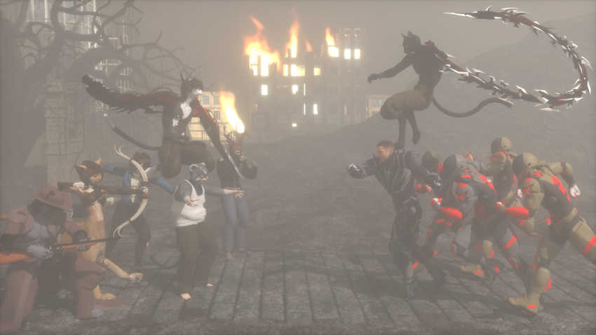 absurd_res anthro backgroud_smoke background_fire bovid burning deer domestic_cat eric_(angry_cat) felid felid_taur feline felis female fisk_(angry_cat) group hi_res human humanoid hyena ksif littlefisky male mammal mammal_taur mishkin pallas's_cat shikari_(angry_cat) taur war