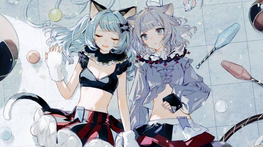 2girls :3 animal_ear_fluff animal_ears ball bangs bare_arms black_bow black_collar black_shirt black_skirt blue_hair blue_nails bow breasts cat_ears cat_tail chino_(valis) chocoan cleavage closed_eyes collar commentary crop_top fingerless_gloves frilled_collar frills fur_gloves gloves grey_eyes grey_hair grey_shirt hair_bow hair_ornament hand_on_own_stomach highres holding_hands hoop hula_hoop juggling_club layered_skirt long_hair long_sleeves looking_at_another lying midriff mouse multiple_girls nail_polish navel open_mouth parted_lips puffy_sleeves red_skirt rope shirt short_hair skirt sleeves_past_wrists smile striped striped_skirt symbol-only_commentary tail tile_floor tiles valis_(sinsekai) vertical-striped_skirt vertical_stripes virtual_youtuber vitte_(valis) white_collar white_skirt