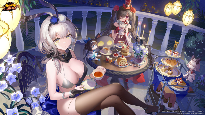 2girls absurdres artist_request bandaged_arm bandages black_flower black_rose breasts cake candelabra candle candlestand commentary cup doll english_commentary flower food gloves grey_hair hair_over_one_eye highres holding holding_cup holding_doll kaavi large_breasts logo long_hair mahjong_soul morikawa_ayako multiple_girls official_art official_wallpaper purple_eyes red_gloves red_headwear rose sitting table thighhighs twintails white_flower yellow_eyes