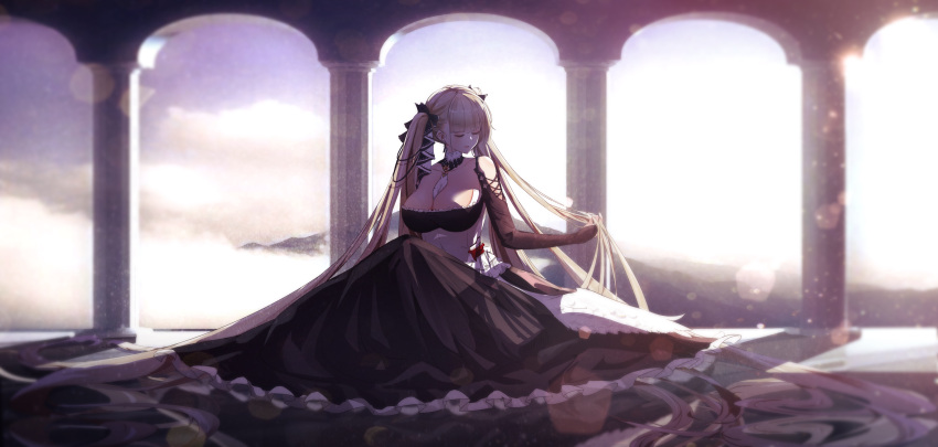 1girl absurdly_long_hair absurdres azur_lane bare_shoulders between_breasts black_dress breasts cleavage closed_eyes clothing_cutout column_lineup detached_collar dress feather_dress formidable_(azur_lane) frilled_dress frills gothic_lolita grey_hair highres large_breasts lolita_fashion long_hair miku_sun necktie necktie_between_breasts ribbon shoulder_cutout solo twintails two-tone_dress two-tone_ribbon very_long_hair