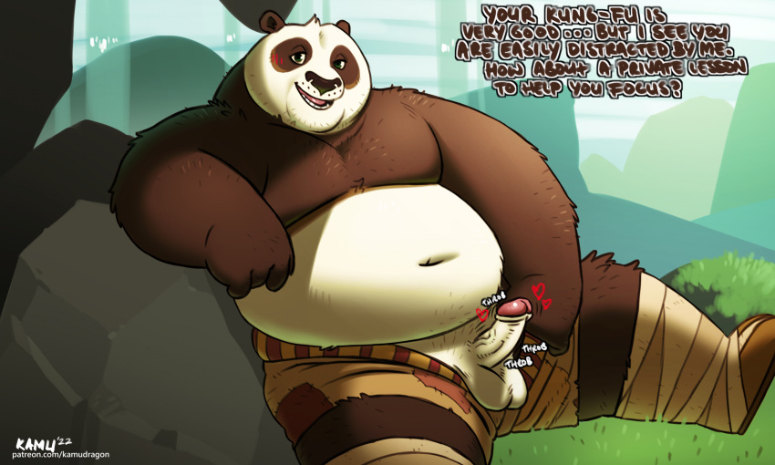 2022 4_fingers anthro balls bear belly black_body black_fur bottomwear clothed clothing colored double_chin dreamworks english_text erection fingers foreskin fur genitals giant_panda glans grass green_eyes hi_res kamudragon kung_fu_panda male mammal master_po_ping moobs open_bottomwear open_clothing open_mouth open_pants open_smile overweight overweight_anthro overweight_male pants penis pink_glans plant retracted_foreskin rock sitting sitting_on_ground smile solo teeth text throbbing topless topless_male url white_balls white_body white_fur white_penis