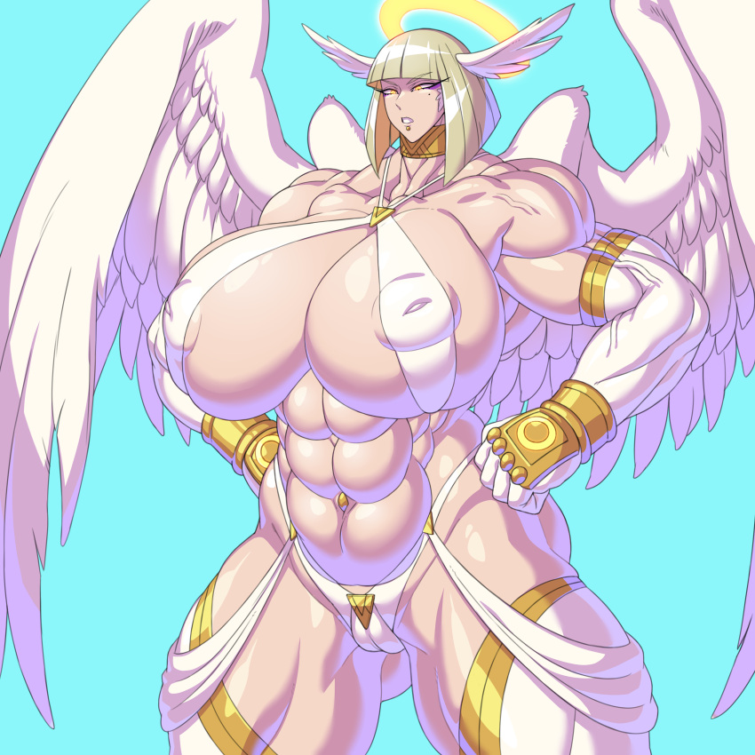 2023 abs absurd_res angel areola armwear big_breasts blonde_hair breasts camel_toe clothed clothing deltoids elbow_gloves facial_piercing feathered_wings feathers female gloves hair halo handwear head_wings hi_res huge_breasts humanoid hutago inverted_nipples lip_piercing muscular muscular_female nipple_outline nipples not_furry piercing quads skimpy solo white_body white_feathers wings