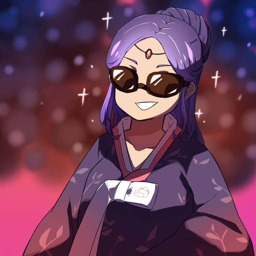 1girl black_survival blurry blurry_background breasts circlet commentary_request grin hair_bun highres hyejin_(black_survival) japanese_clothes kimono kurodani_yamame long_hair medium_breasts purple_hair purple_kimono rinyamame smile solo sparkle sunglasses touhou upper_body