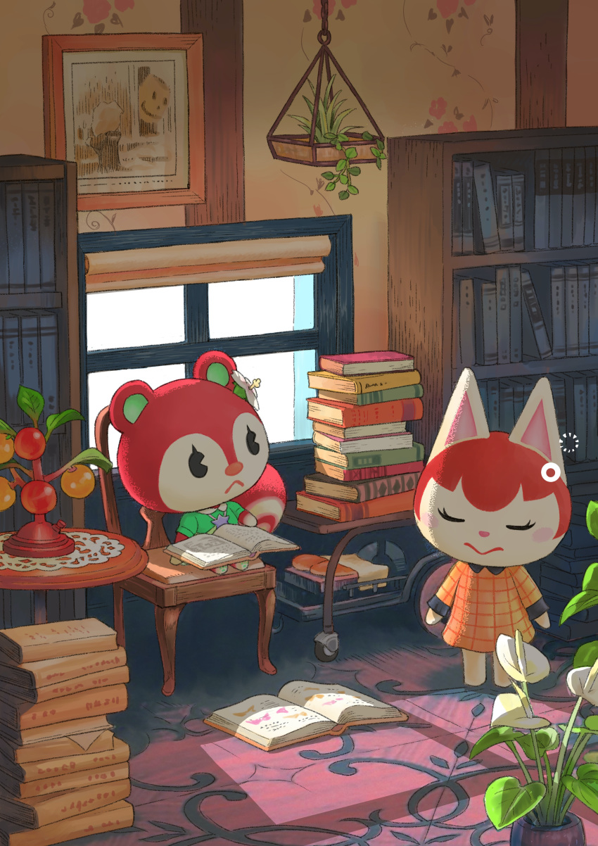 2girls absurdres animal_crossing anthurium blush blush_stickers book book_stack bookshelf cat_girl chair closed_eyes closed_mouth collared_dress collared_shirt commentary_request dress ear_ornament eyelashes felicity_(animal_crossing) flower frown furry furry_female green_shirt hanging_plant highres indoors long_sleeves looking_at_another multiple_girls open_book orange_dress picture_frame plant poppy_(animal_crossing) potted_plant rug senrotou shirt short_sleeves sitting squirrel_girl standing table white_flower window