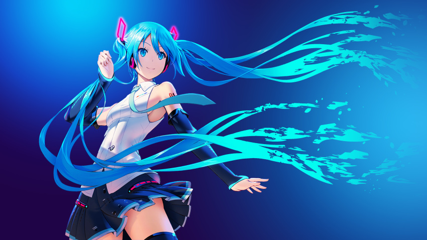 1girl absurdres aqua_eyes aqua_hair aqua_necktie arm_up assassinwarrior bare_shoulders black_skirt black_thighhighs breasts closed_mouth collared_shirt cowboy_shot detached_sleeves floating_hair glowing grey_background hatsune_miku hatsune_miku_(vocaloid4) headphones highres long_hair long_sleeves looking_to_the_side necktie number_tattoo photoshop_(medium) pinakes pleated_skirt shirt sideboob simple_background skirt sleeveless sleeveless_shirt small_breasts smile solo standing tattoo thighhighs third-party_edit very_long_hair vocaloid white_shirt wing_collar zettai_ryouiki