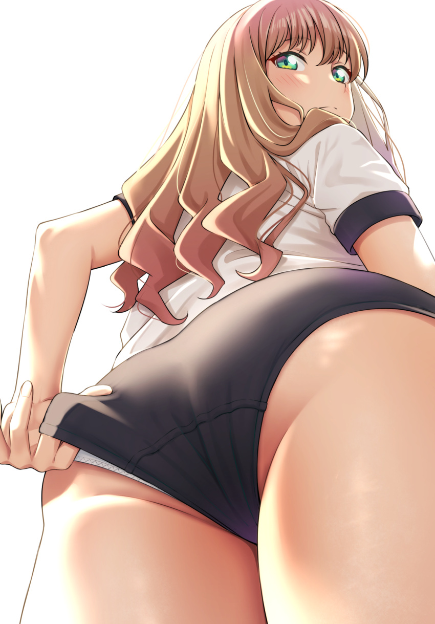 1girl adjusting_buruma adjusting_clothes black_buruma brown_hair buruma commentary_request commission cowboy_shot from_behind from_below green_eyes gridman_universe gym_shirt gym_uniform highres long_hair looking_at_viewer looking_back mibushiro minami_yume panties_under_buruma pixiv_commission shirt simple_background solo ssss.dynazenon t-shirt white_background white_shirt