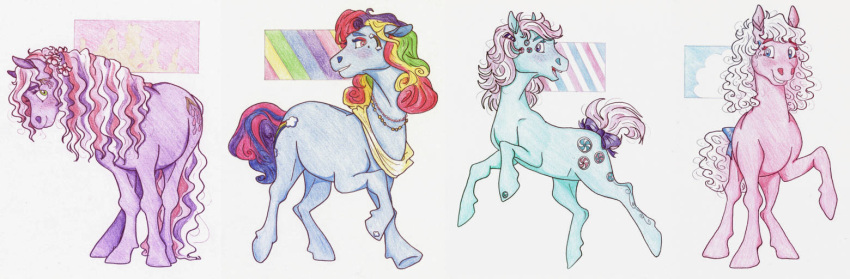 ambiguous_gender colored curled_hair cutie_mark earth_pony equid equine feral group hair hasbro hooves horse jewelry k-eilonwy mammal minty_(mlp) mlp_g3 multicolored_hair multicolored_tail my_little_pony necklace pinkie_pie_(g3) pony pre-g4 rainbow_dash_(g3) rainbow_hair rainbow_tail smile tail wavy_hair wisteria_(mlp)