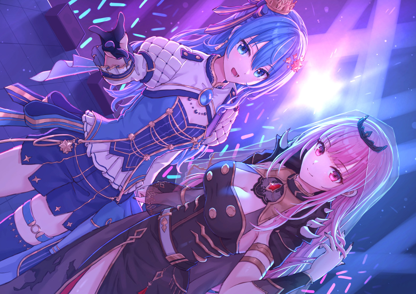 2girls :d absurdres black_dress black_nails blue_eyes blue_hair blue_shirt blue_skirt blue_thighhighs breasts brooch closed_mouth crown dress flat_chest frills glint gloves gold_trim hair_ornament hair_ribbon half_gloves highres hololive hoshimachi_suisei jewelry large_breasts long_hair looking_at_viewer mini_crown miniskirt mori_calliope multiple_girls official_alternate_costume open_mouth penlight pink_eyes pink_hair puffy_sleeves ribbon shirt side-by-side simoumi_217 single_thighhigh skirt smile solo spikes stage_lights star_(symbol) star_hair_ornament star_in_eye symbol_in_eye thigh_strap thighhighs tiara veil virtual_youtuber