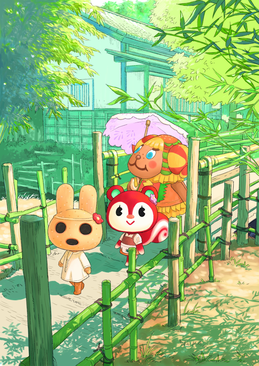 3girls :&gt; absurdres animal_crossing apron architecture bamboo bamboo_fence blue_eyes blush blush_stickers bush closed_mouth coco_(animal_crossing) commentary_request curled_horns day east_asian_architecture fence frita_(animal_crossing) furry furry_female grass highres holding holding_umbrella horns house looking_at_viewer multiple_girls outdoors parasol path pink_umbrella poppy_(animal_crossing) rabbit_girl senrotou shadow sheep_girl shirt smile squirrel_girl tree umbrella waist_apron white_apron white_shirt