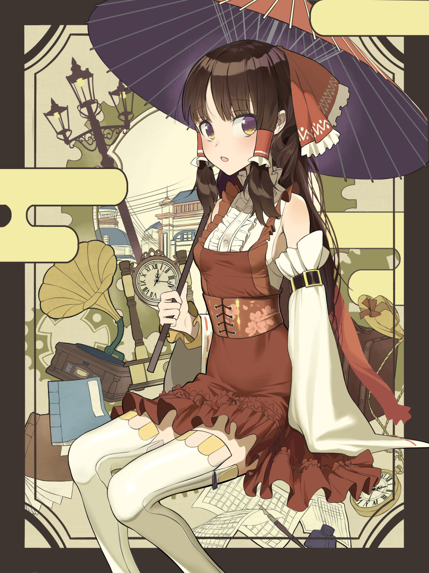 1girl :o absurdres adapted_costume arm_belt bangs bow brown_hair building center_frills clock commentary_request corset detached_sleeves dress feet_out_of_frame frilled_bow frilled_hair_tubes frills hair_tubes hakurei_reimu hat highres holding holding_umbrella lamppost long_hair looking_at_viewer notebook oil-paper_umbrella open_mouth paper phonograph pocket_watch purple_eyes red_bow red_corset red_dress roman_numeral sitting solo suitcase thighhighs touhou umbrella undershirt watch white_sleeves white_thighhighs xinjinjumin