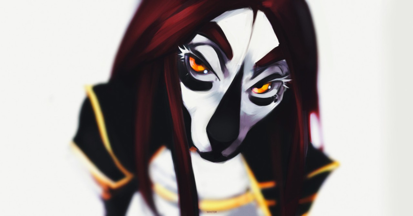 anthro artist_name black_body black_clothing black_nose black_topwear clothed clothing eyelashes female glistening glistening_eyes hair mouth_closed orange_eyes red_hair simple_background solo species_request topwear unknowhiter white_background white_body white_clothing white_topwear