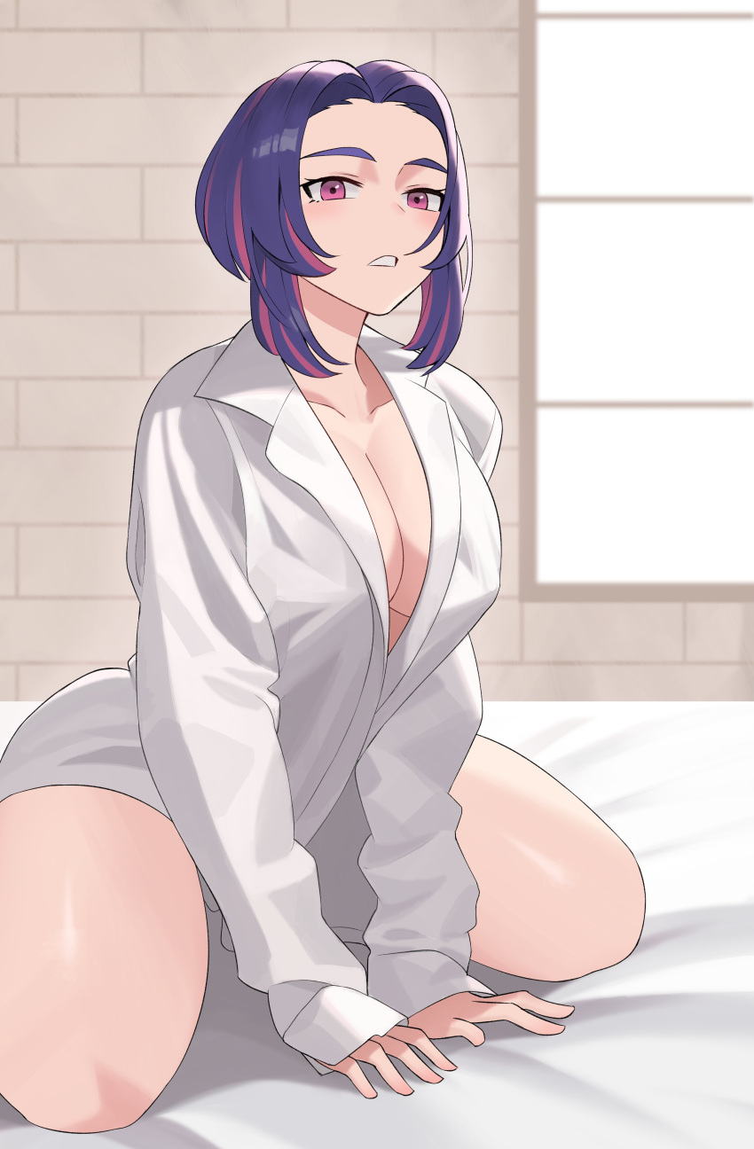 1girl absurdres bangs boku_no_hero_academia breasts cleavage collarbone commission english_commentary highres indoors koyap lady_nagant large_breasts looking_at_viewer multicolored_hair on_bed open_clothes open_shirt parted_bangs pink_hair purple_eyes purple_hair shirt short_hair sitting solo thighs two-tone_hair wariza white_shirt window