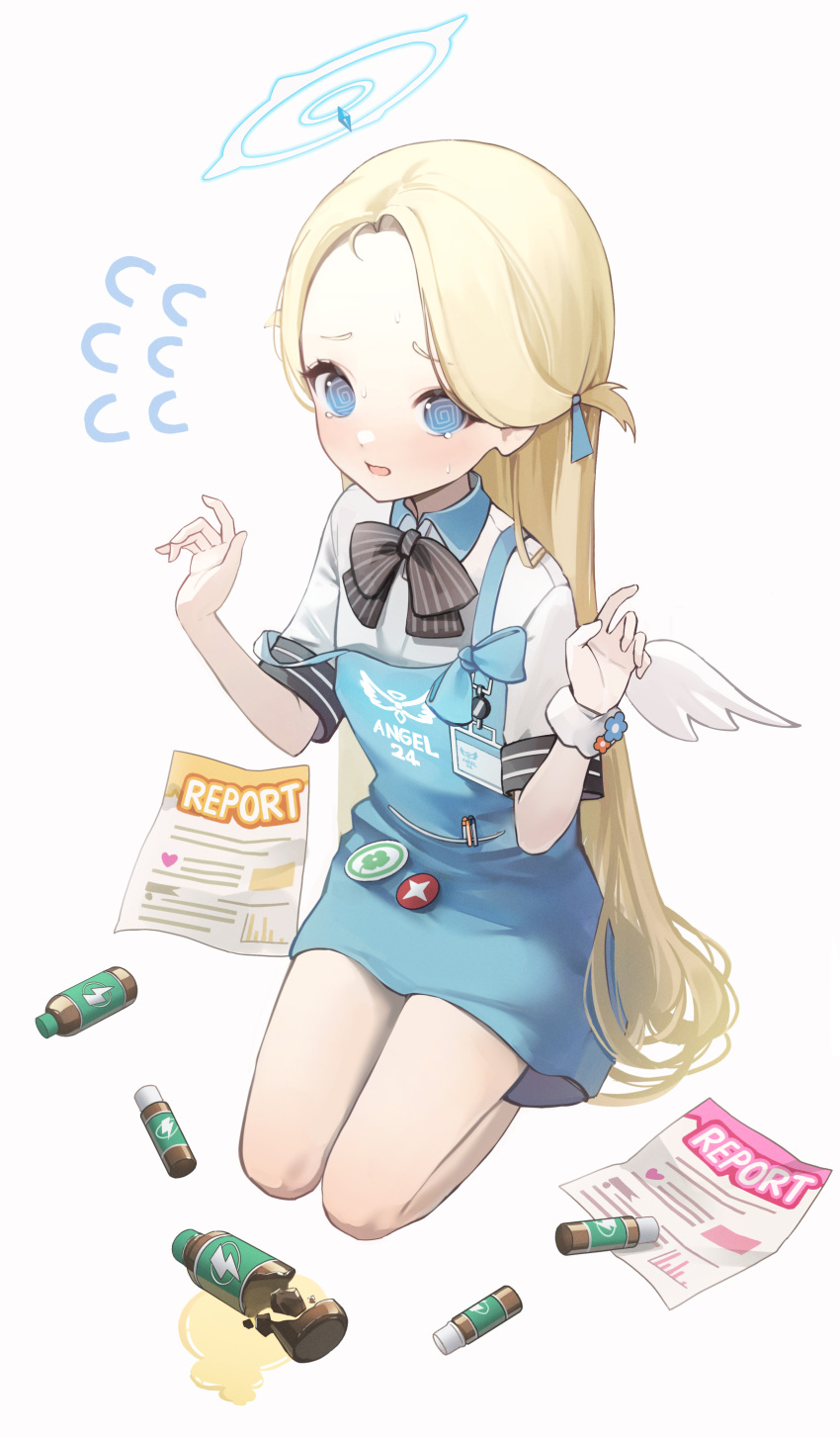 1girl @_@ absurdres angel_wings apron bangs black_bow black_bowtie blonde_hair blue_apron blue_archive bottle bow bowtie broken_bottle commentary flying_sweatdrops full_body halo hands_up highres long_hair looking_at_viewer lunia open_mouth parted_bangs short_sleeves simple_background sitting solo sora_(blue_archive) strap_slip tearing_up very_long_hair white_background wings