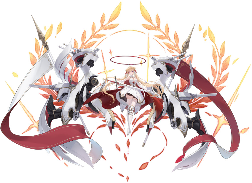 1girl absurdres azur_lane bare_shoulders blonde_hair boots breasts cannon cleavage double_bun dress elbow_gloves full_body gloves hair_bun hair_ornament highres holding holding_sword holding_weapon long_hair looking_at_viewer medium_breasts necktie ng_jie non-web_source official_art purple_eyes red_necktie rigging royal_oak_(azur_lane) skindentation sword thigh_boots thighhighs transparent_background very_long_hair weapon white_dress white_footwear white_gloves white_thighhighs