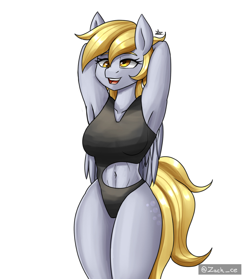 anthro anthrofied blonde_hair breasts cutie_mark derpy_hooves_(mlp) equid equine feathered_wings feathers female friendship_is_magic grey_body grey_skin hair hands_behind_head hasbro hi_res mammal my_little_pony navel pegasus signature simple_background solo standing tail white_background wings yellow_eyes yellow_tail zachc