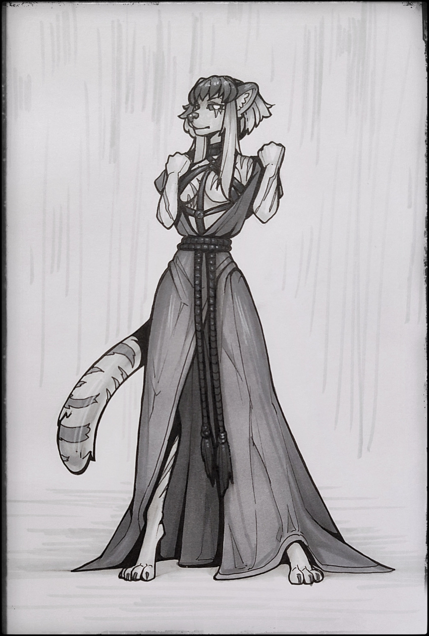 2023 4_toes andyd anthro clothed clothing eyebrows eyelashes feet felid feline female fur hair hi_res mammal solo standing toes traditional_media_(artwork)