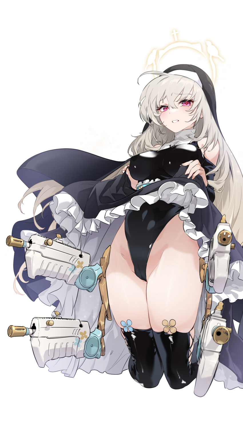 1girl absurdres agent_(girls'_frontline) black_leotard black_thighhighs blue_archive clothes_lift dress dress_lift girls'_frontline grey_hair gun habit halo highleg highleg_leotard highres jjjsss latex latex_leotard latex_thighhighs leotard leotard_under_clothes lifted_by_self long_hair nun parody purple_eyes sakurako_(blue_archive) simple_background solo thighhighs weapon white_background
